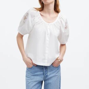 Madewell Embroidered Puff-Sleeve A-Line Top | White | Size L